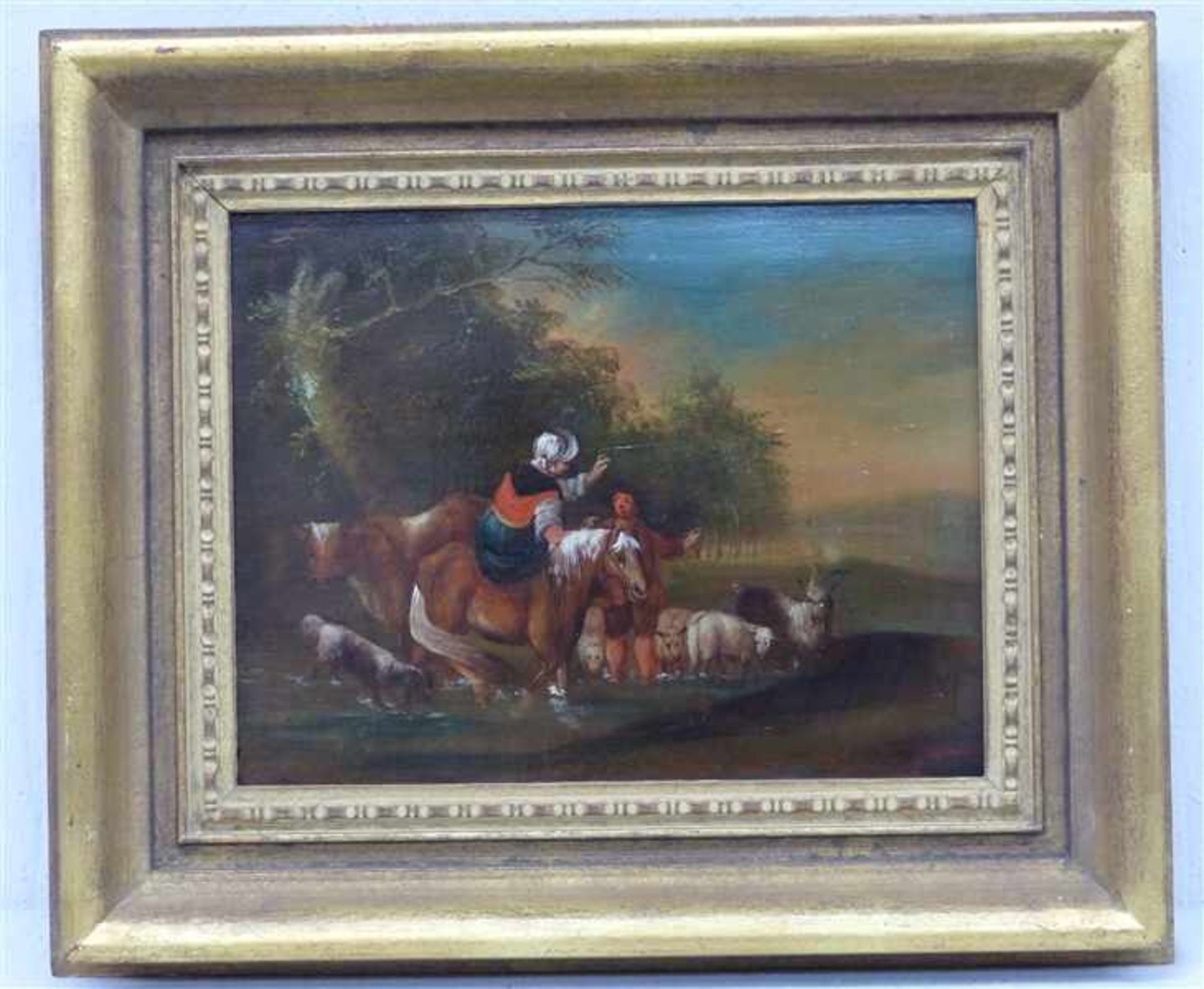 Holland, 19. Jh.,Öl auf Holz, Tiere und Menschen an der Tränke, 26x33 cm, im Rahmen, - Bild 2 aus 4