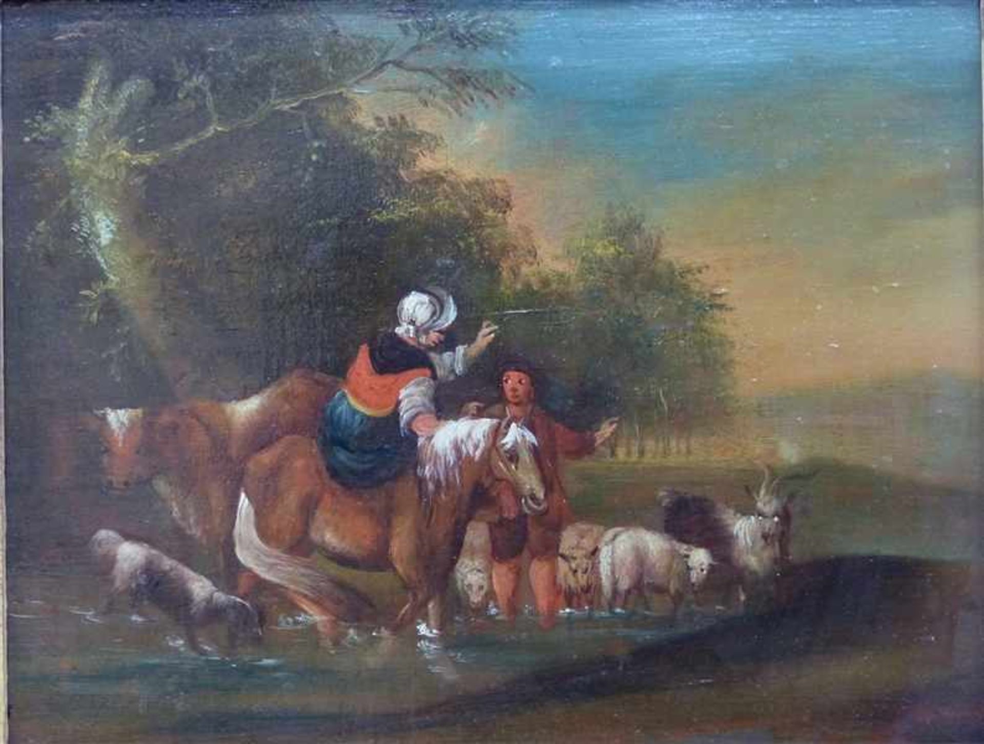 Holland, 19. Jh.,Öl auf Holz, Tiere und Menschen an der Tränke, 26x33 cm, im Rahmen,
