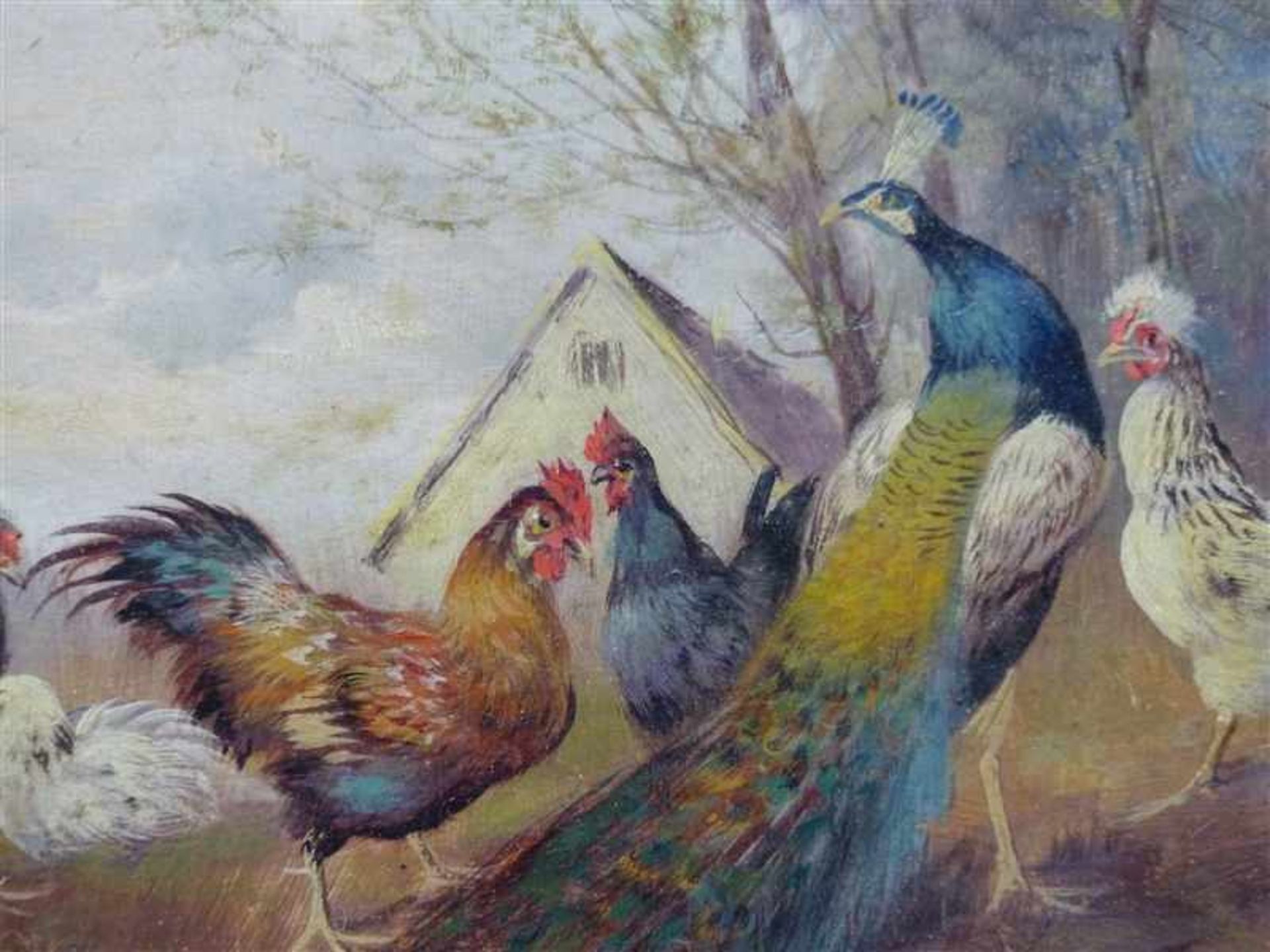 Hänger, Max I1874 - 1941, Paar Ölgemälde auf Holz, Gockel, Hühner und Pfauen in ländlicher Umgebung, - Bild 4 aus 8