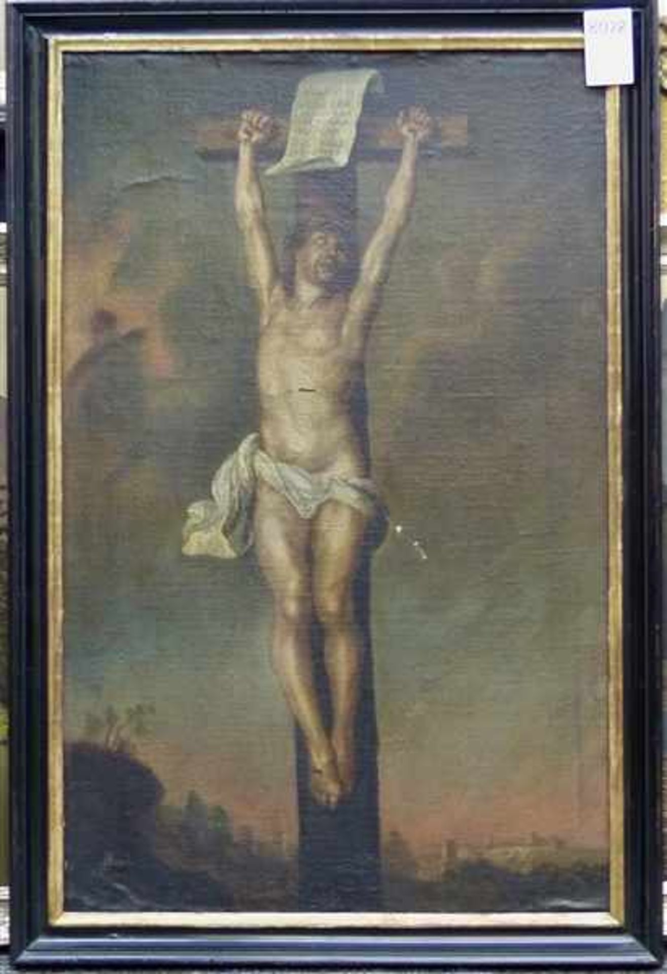 Heiligenmalerei, 18. Jh.Öl auf Leinen, Christus am Kreuz, im Hintergrund die Stadt, gute Arbeit,
