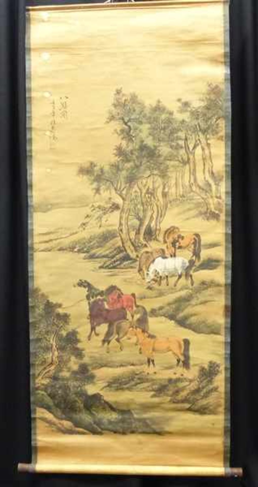 RollbildChina, Landschaft mit Pferden, Schriftzeichen, gemalt, 150x65 cm,