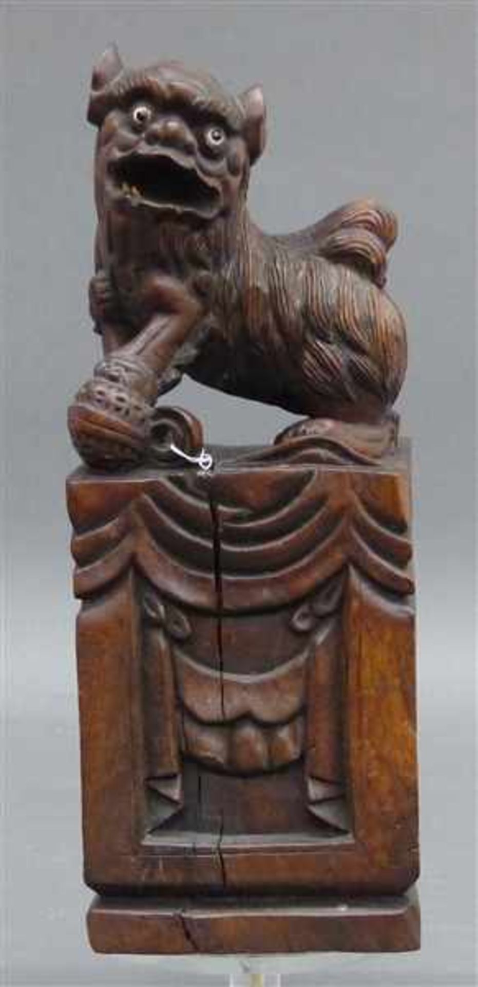 Holzskulptursitzender Fo Hund auf Holzquader, China, 20. Jh., h 26 cm,