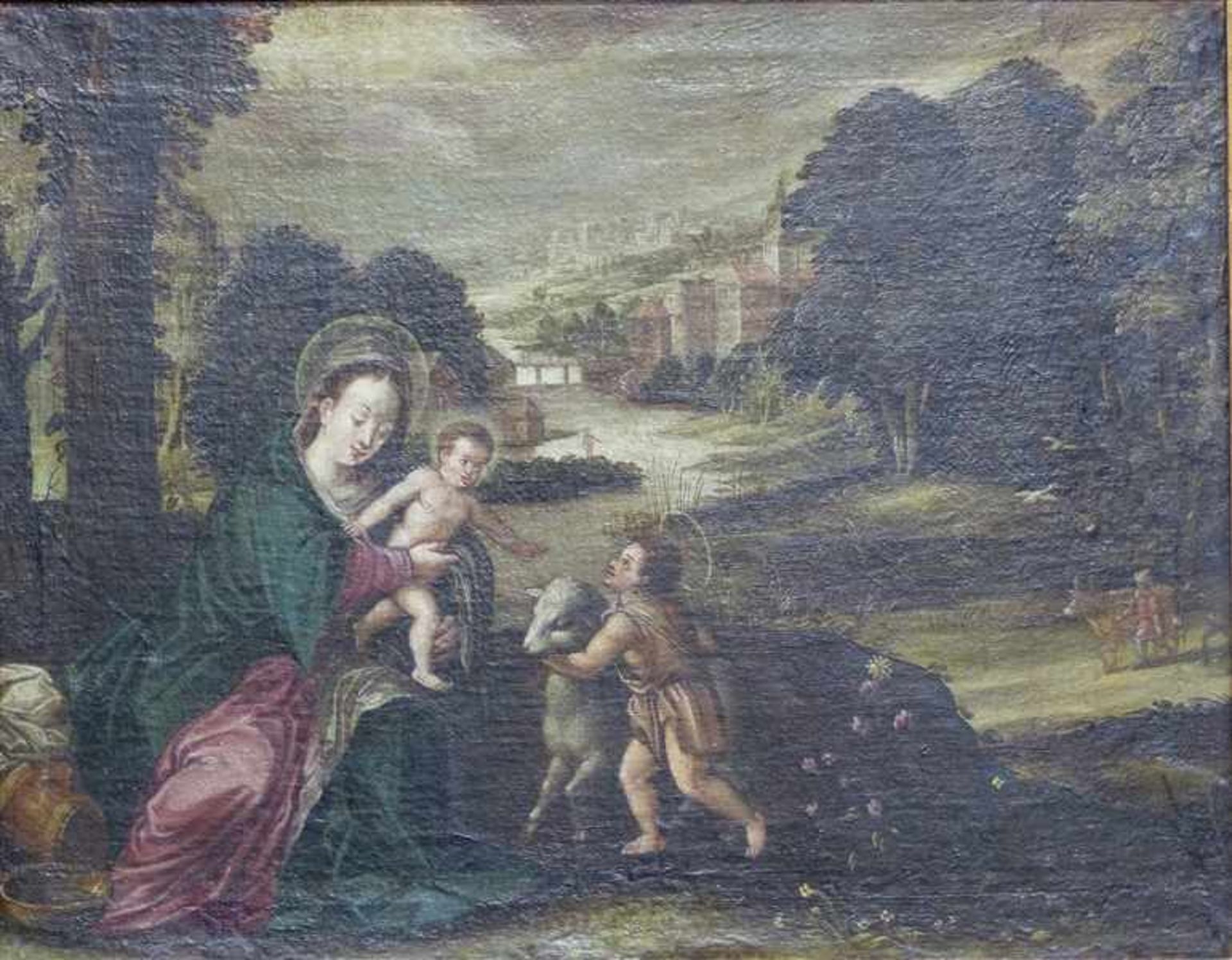 Heiligenmalerei, 18./19. JhÖl auf Leinen, doubliert, romantische Flusslandschaft, im Vordergrund