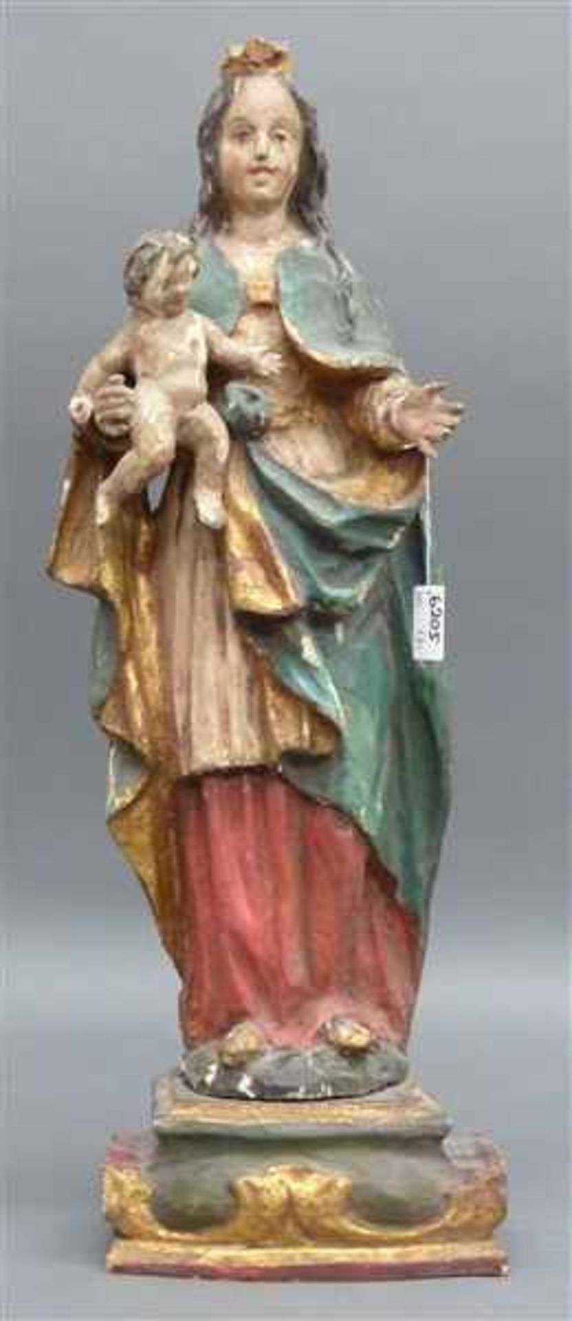 HolzskulpturMadonna mit Jesuskind auf Holzsockel, gefasst, Süddeutsch um 1820, Fassungsschäden,