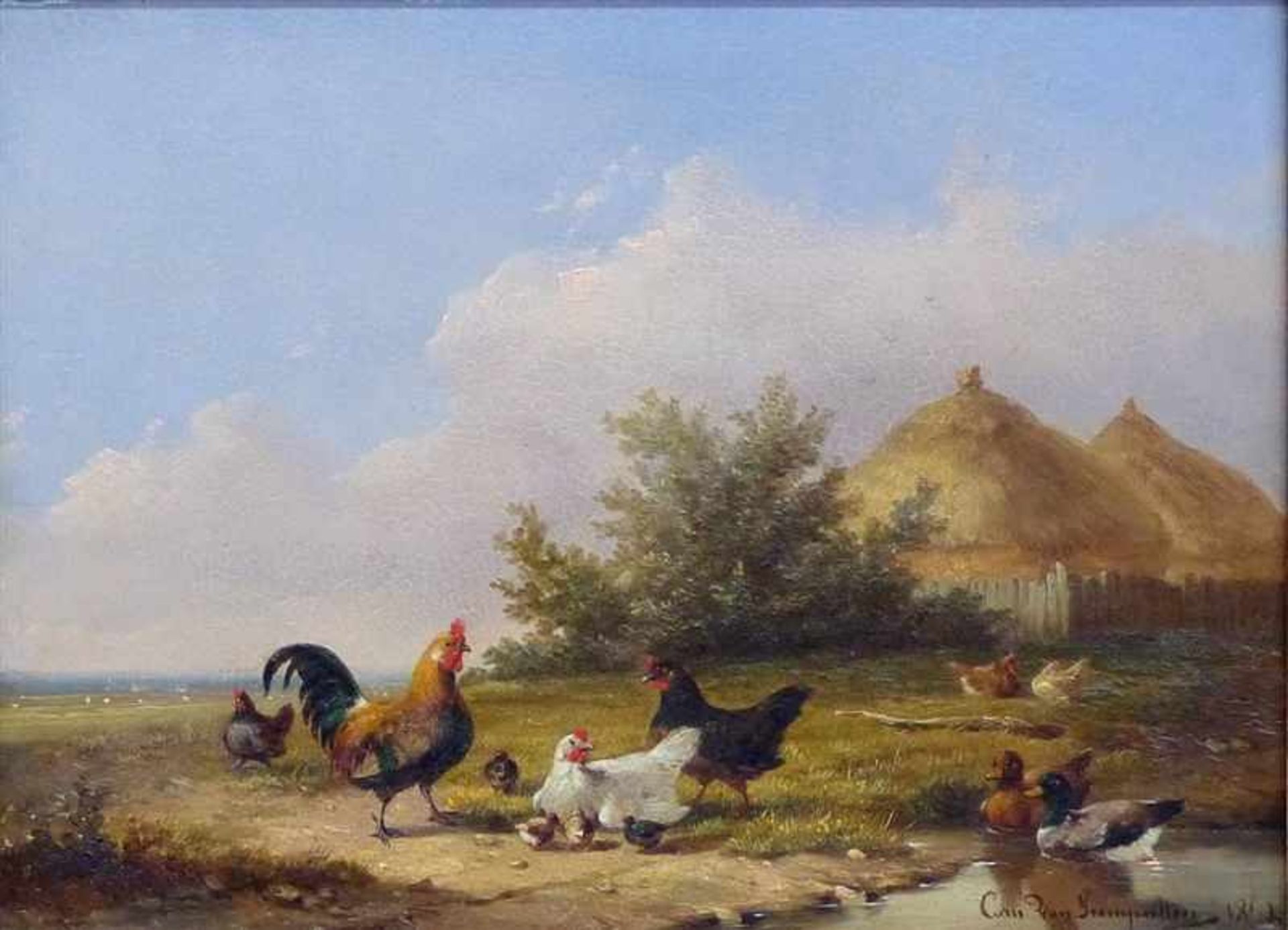 Leemputten, Cornelis van1841 - 1902, Öl auf Holz, Landschaft mit Hütten, Hühnern und Wildenten,