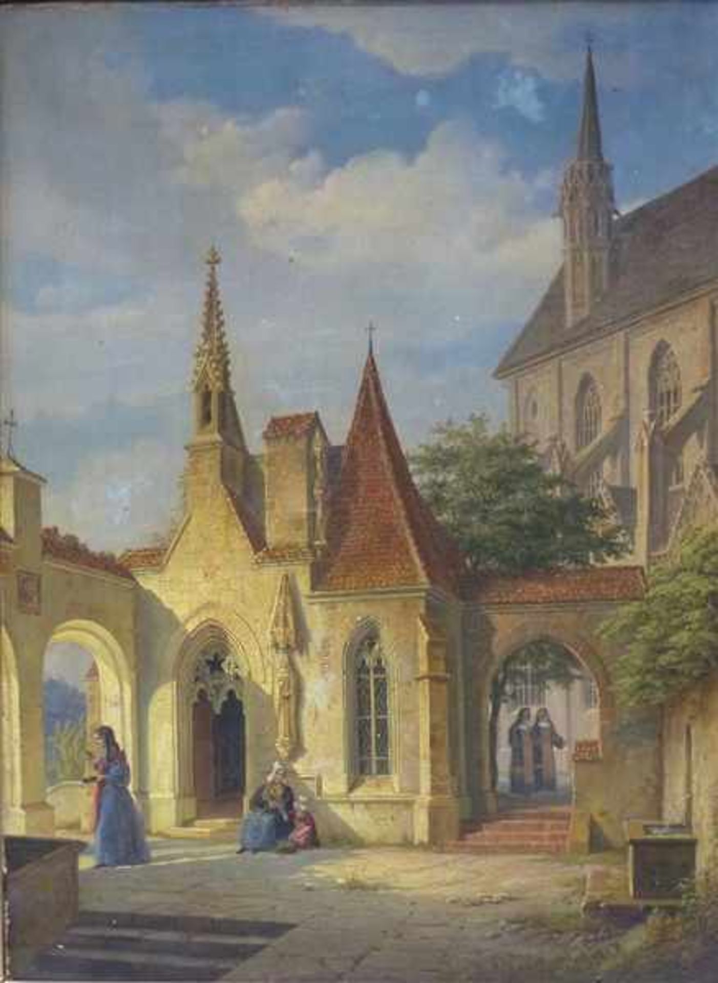 Quaglio, Simon1795 - 1878, Öl auf Leinen, Kirchenvorplatz mit Personen, ausgezeichnete feine