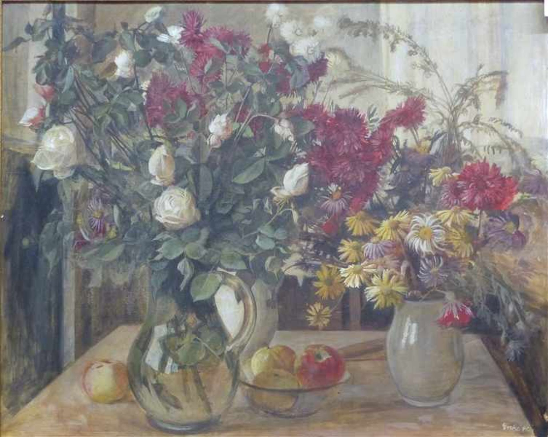 Esche, Emil1896 - 1948, Öl auf Holz, Stillleben mit Rosen und Wiesenblumen in den Vasen, dabei