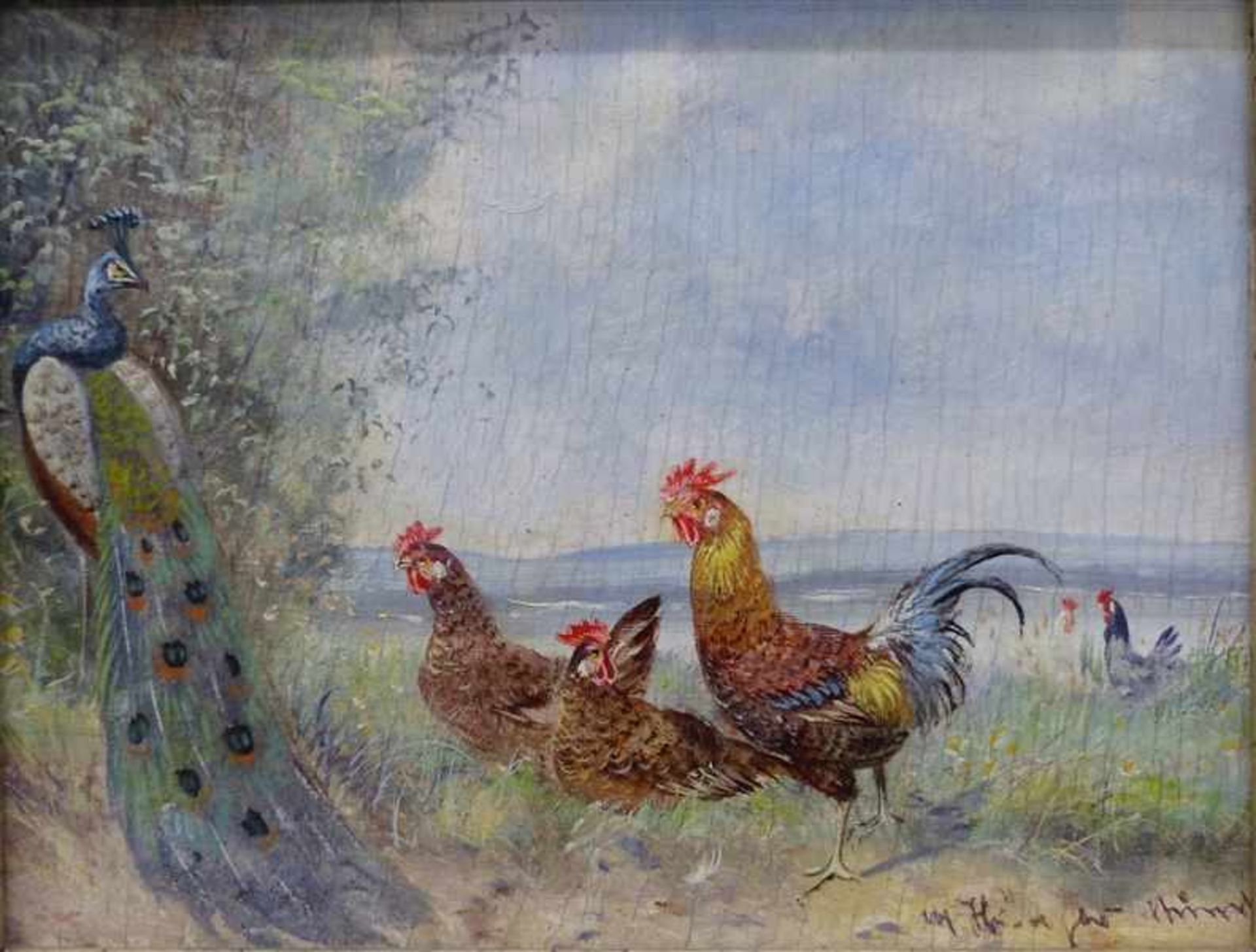Hänger, Max I1874 - 1941, Paar Ölgemälde auf Holz, Gockel, Hühner und Pfauen in ländlicher Umgebung, - Bild 5 aus 8