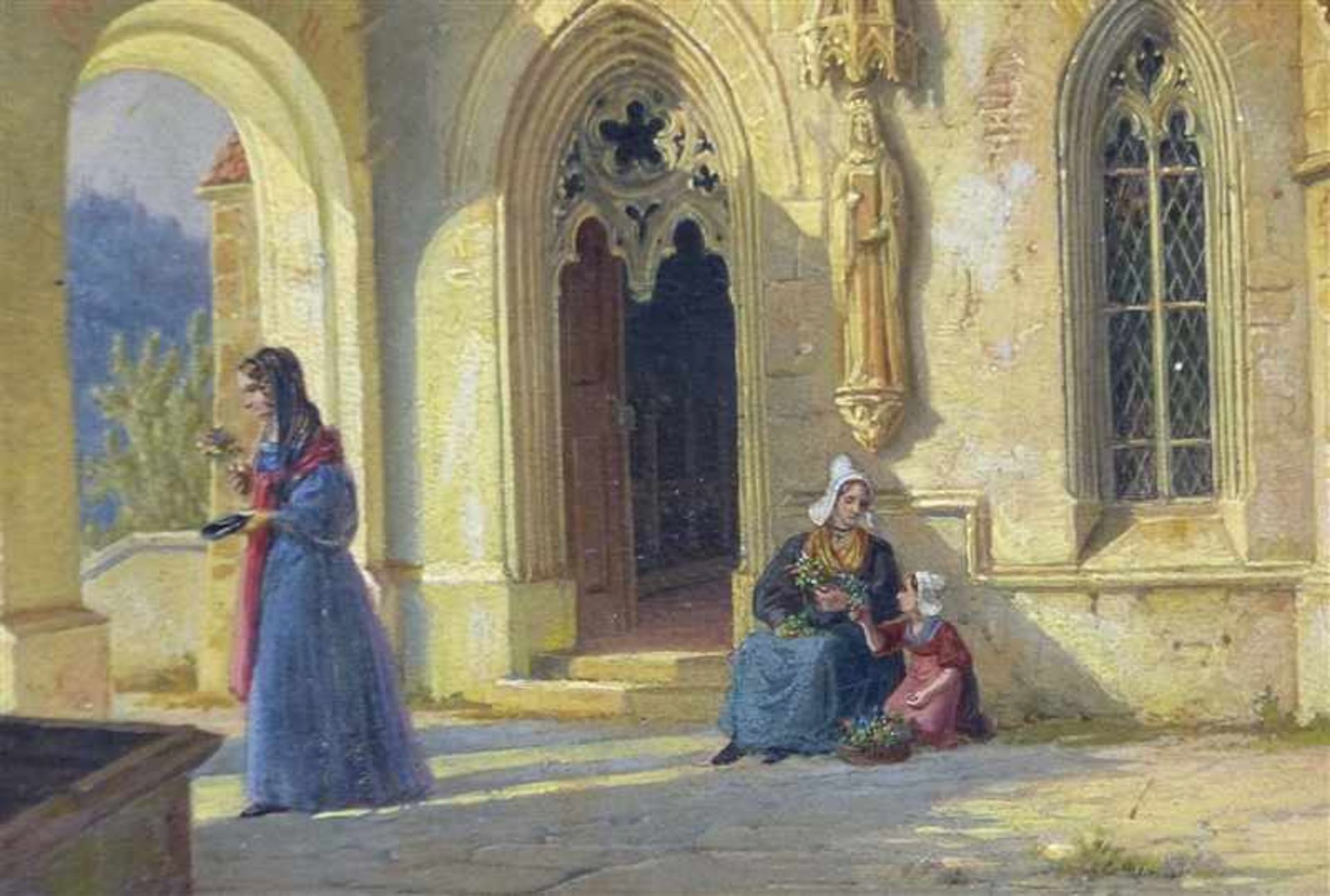 Quaglio, Simon1795 - 1878, Öl auf Leinen, Kirchenvorplatz mit Personen, ausgezeichnete feine - Bild 4 aus 5