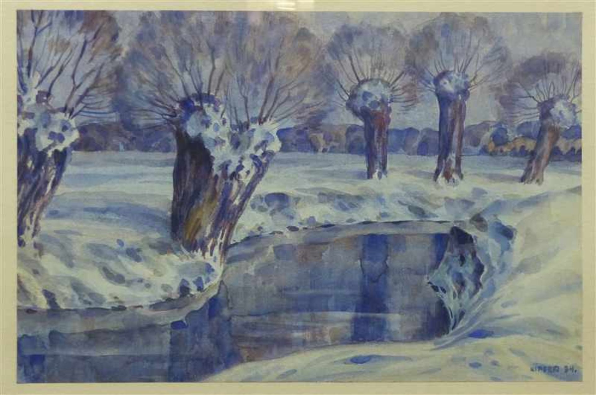 Kipfer, 1934Aquarell auf Papier, winterliche Bachlandschaft, rechts unten signiert und datiert,