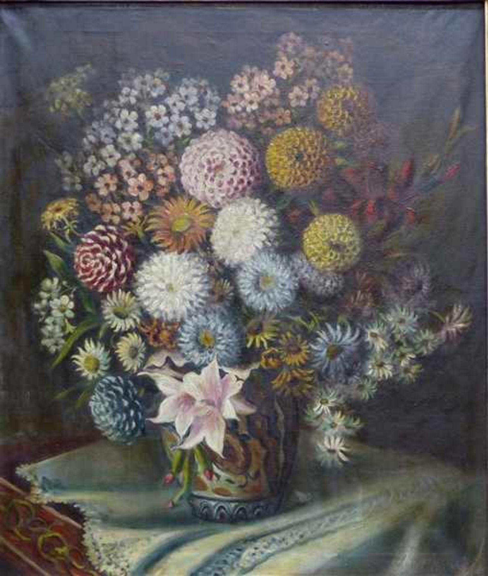Blumenmalerei, um 1900Öl auf Leinen, Herbstblumenstrauß in der Vase, rechts unten unleserlich