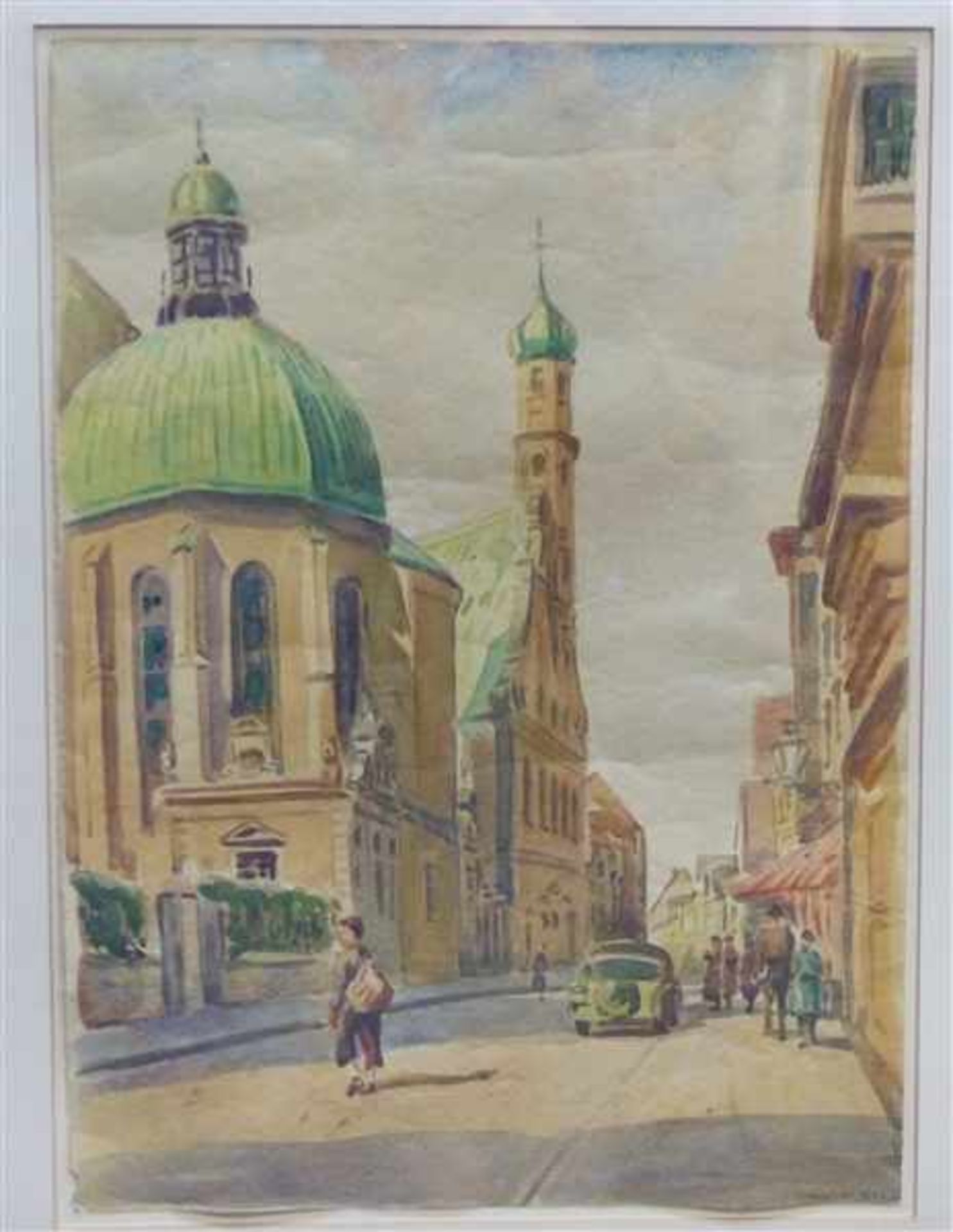Eschenlohr, Josef1886 - 1978, Aquarell auf Papier, Augsburgansicht mit Heiligkreuzkirche, rechts