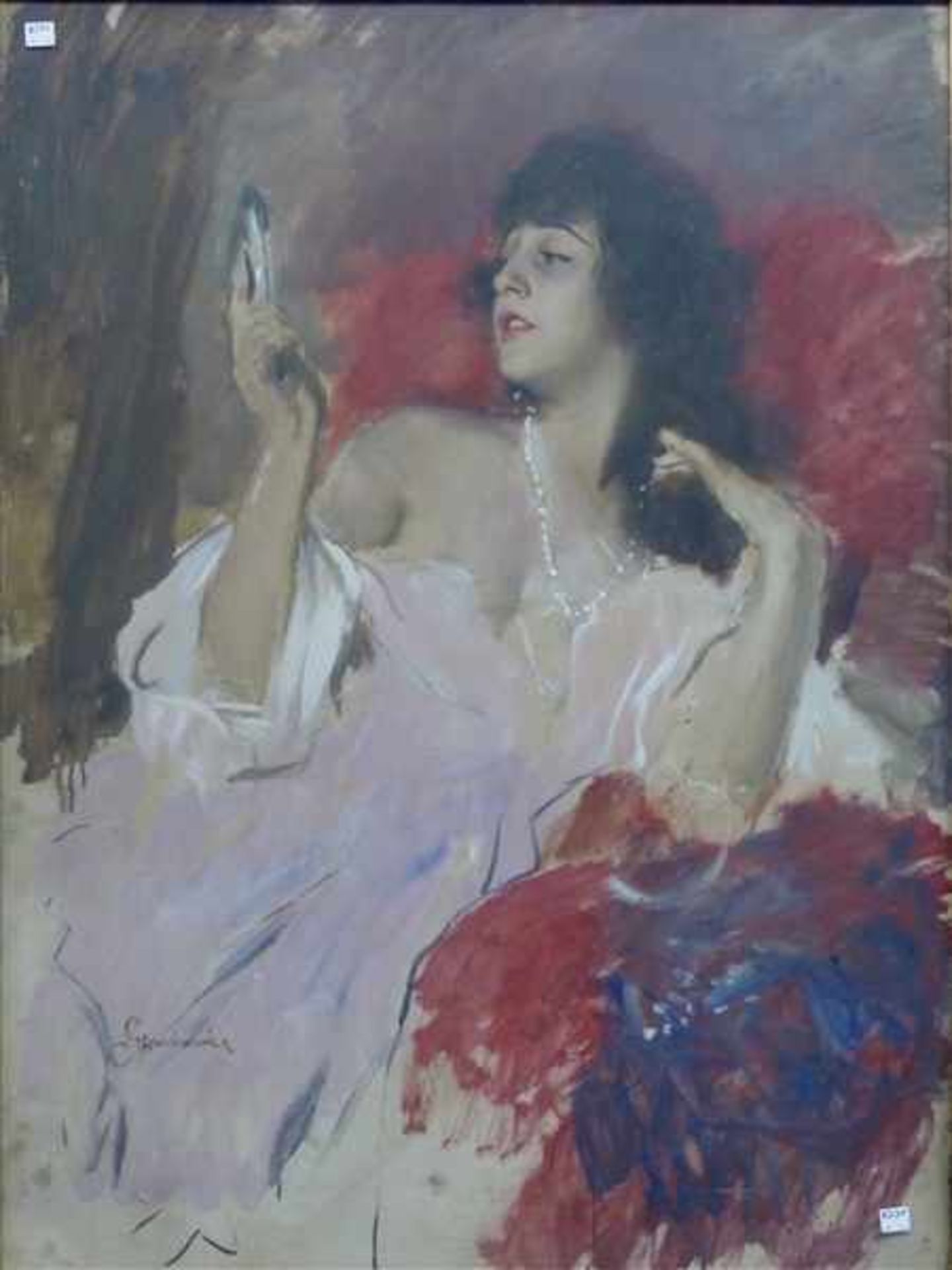 Szankowski, Boleslaw1873 - 1953, Öl auf Karton, Jugendstildame mit Perlenkette und Spiegel, auf
