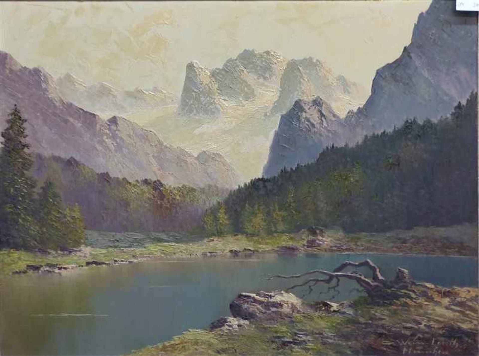 Münchner Malerei, um 1950Öl auf Leinen, Ansicht des Cosau Soes im Dachsteingebirge, rechts unten
