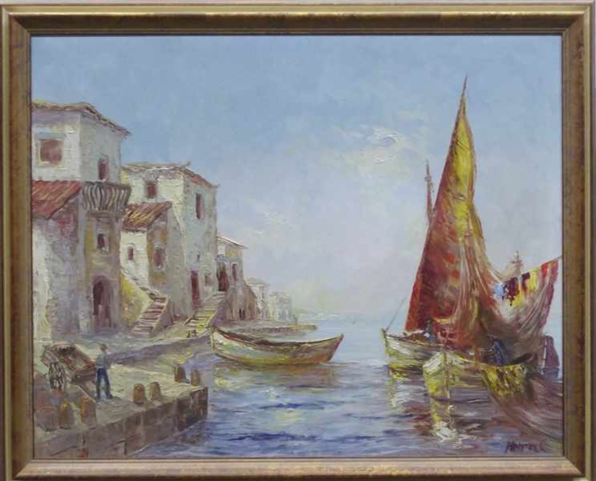 Zapf, Marcel1922-2016, Öl auf Leinen, italienische Küstenlandschaft mit Segelbooten, rechts unten