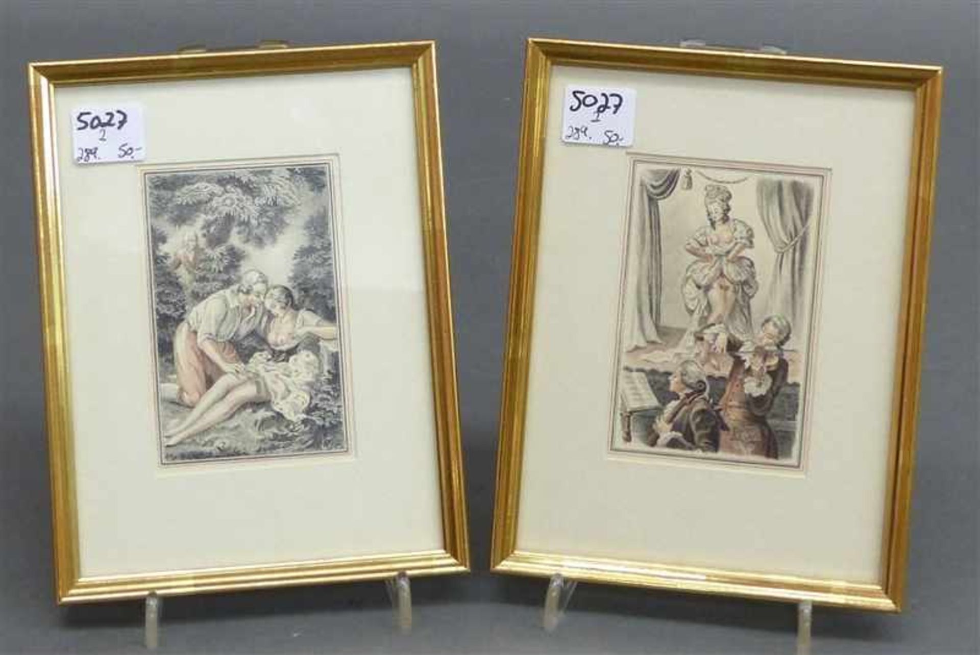 Paar Stiche, 19. Jh.coloriert, "erotische Darstellungen", je 10x6,5 cm,