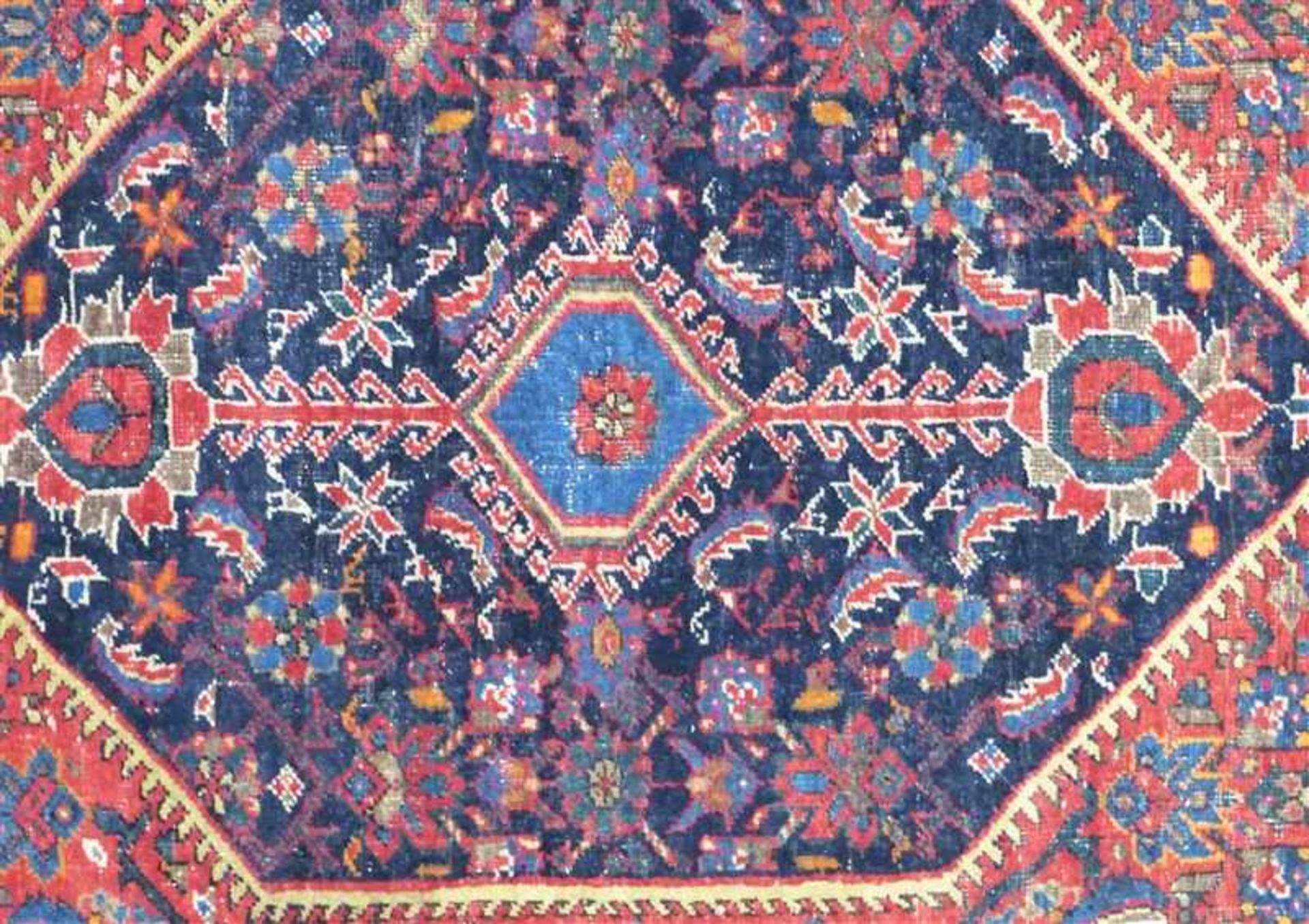 Perser Brückeblau-rot grundig, Mittelmedaillon, Laufstellen, antik, 221x130 cm, - Bild 2 aus 4