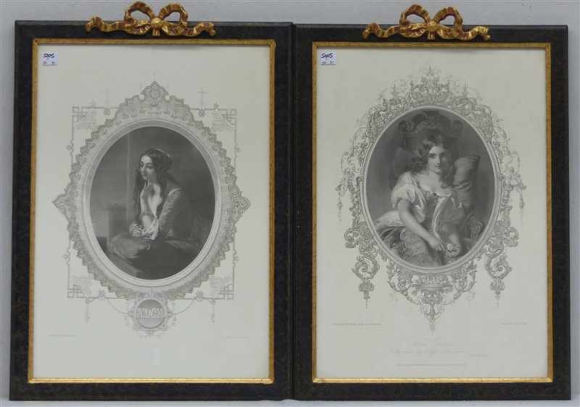 Paar Lithographienum 1900, Porträtdarstellungen, "Nora Creina und Hinda", England, Zierrahmen mit