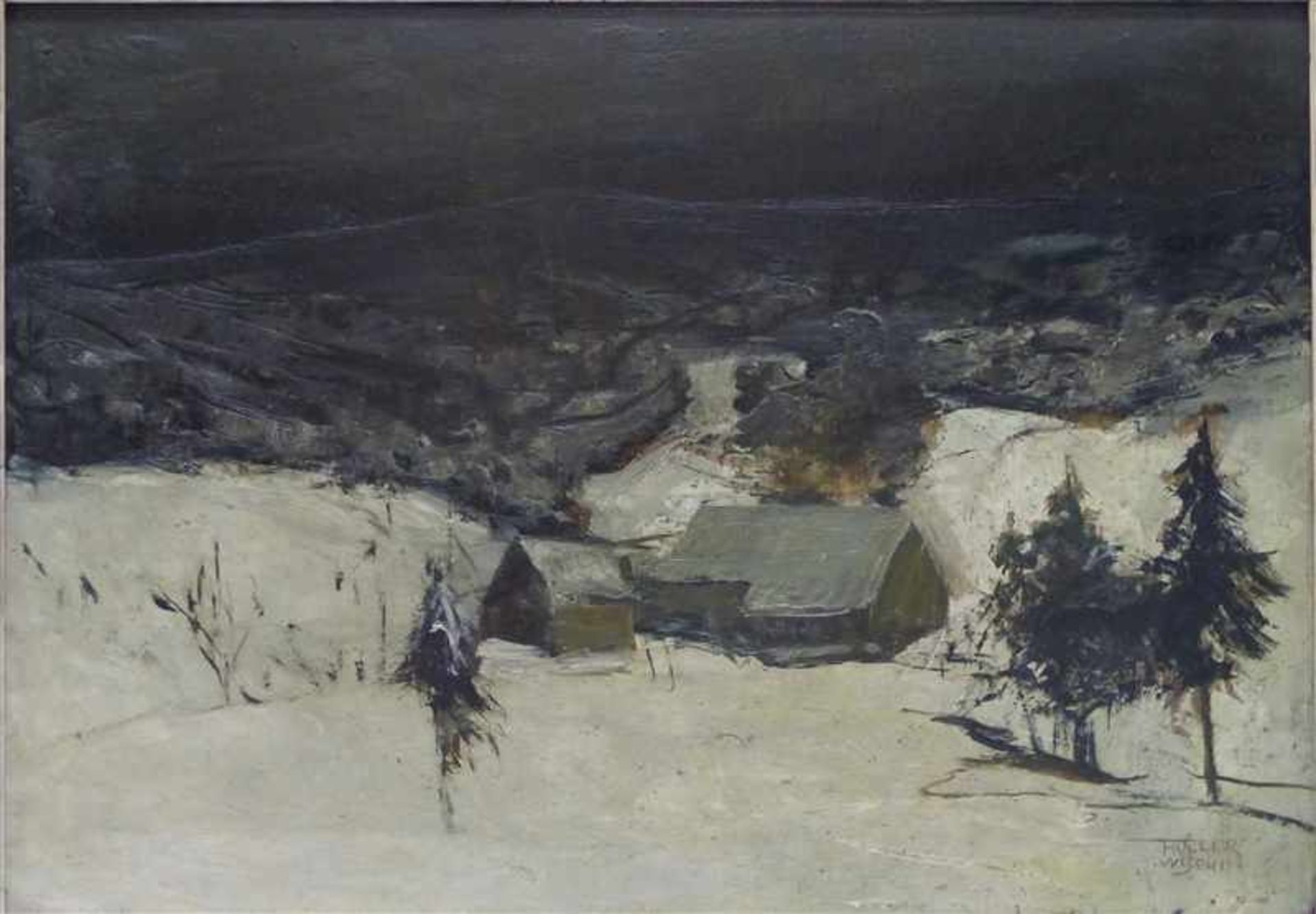 Müller Wischin, Anton1865 - 1949, Öl auf Karton, winterliche Berglandschaft mit Bäumen und