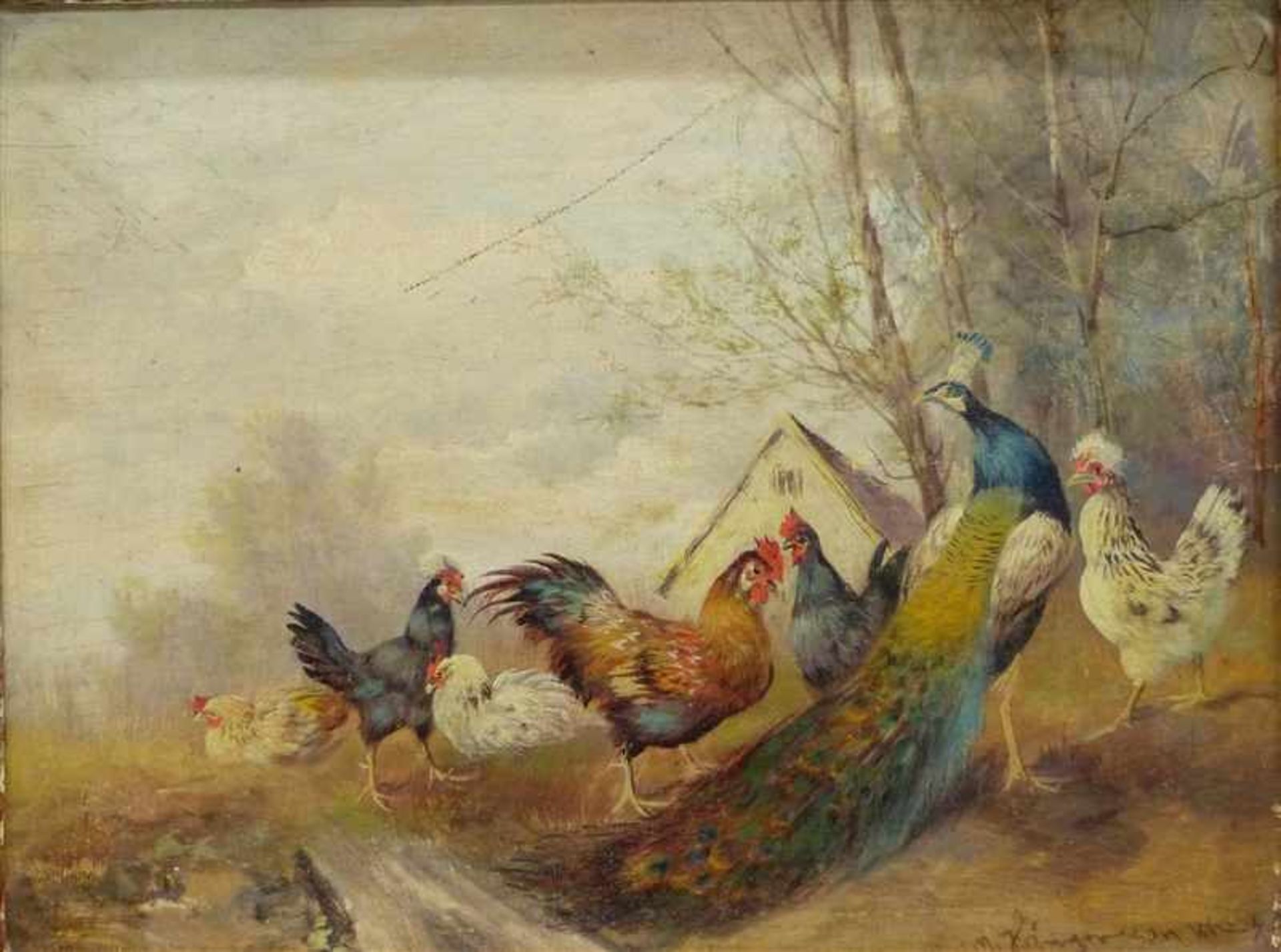 Hänger, Max I1874 - 1941, Paar Ölgemälde auf Holz, Gockel, Hühner und Pfauen in ländlicher Umgebung, - Bild 2 aus 8