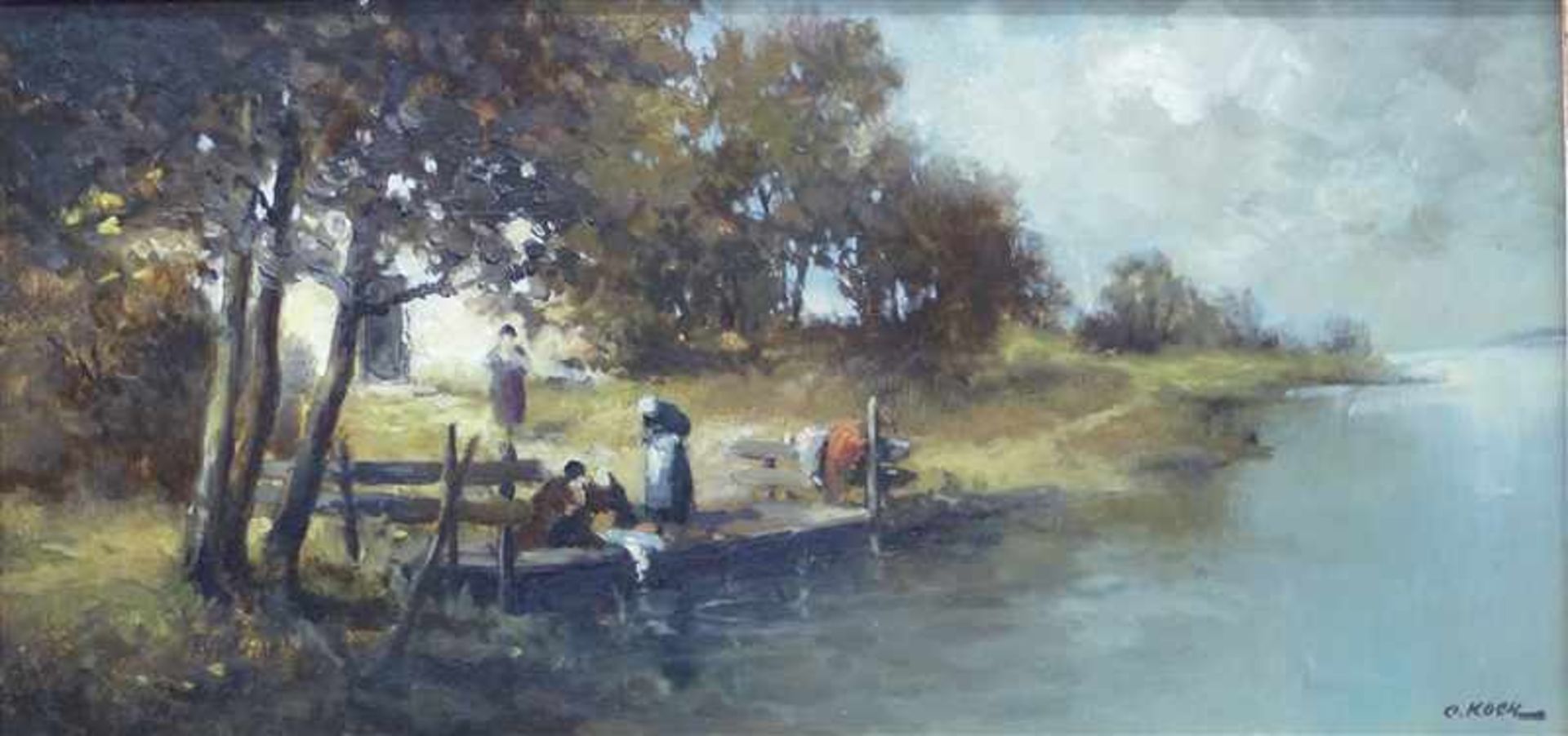 Kock, Otto1921 Itzehoe, Öl auf Holz, Flusslandschaft, Bäuerinnen bei der Wäsche, rechts unten