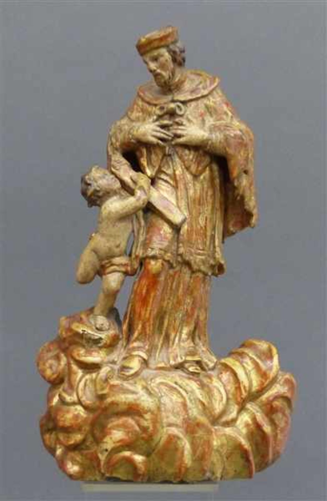 Süddeutsch, um 1700Holz, geschnitzt, "Hl. Johannes Nepomuk mit einem Engel", gefasst,