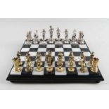 Schach - Spiel, Marmorbrett mit Silberfiguren (1187gramm) gepunzt, 34,5x34,5cm, Figuren ca. 6 cm