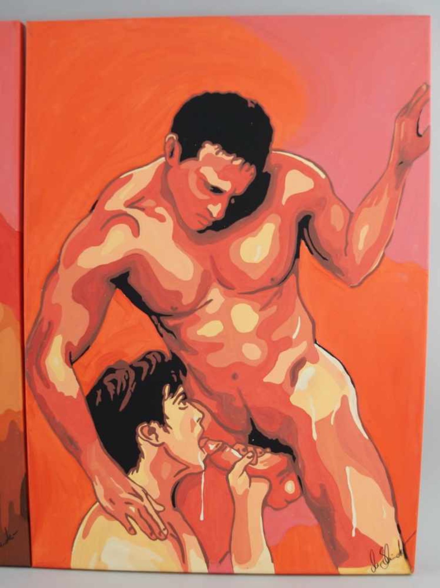 Zwei Akt - Ölgemälde, Darstellung männlicher Akte, u.a. beim Liebesspiel, je 70x49,5cm - Bild 3 aus 5