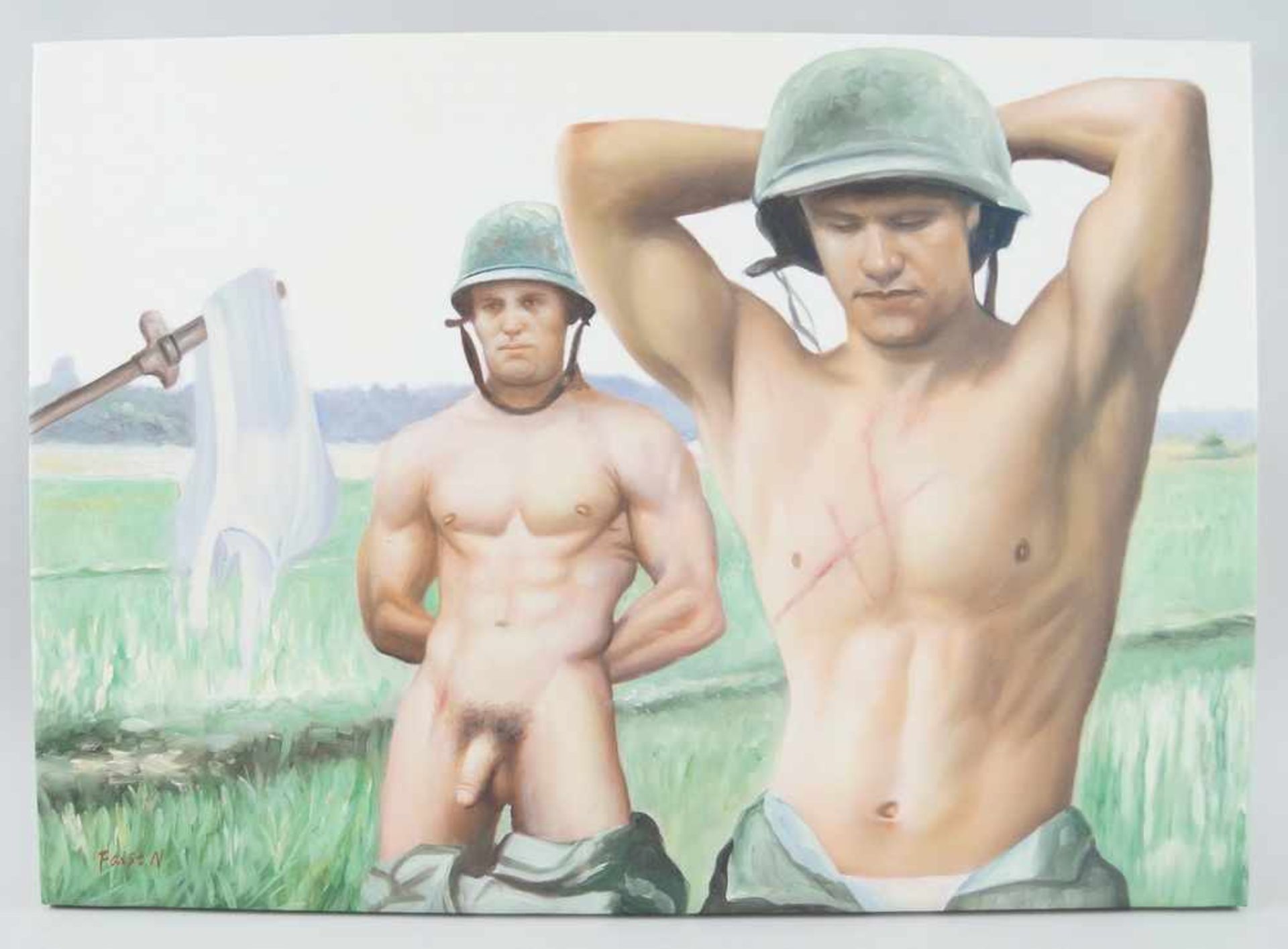 Akt - Ölgemälde, Darstellung männlicher, halbnackter Soldaten, 50x68,5cm