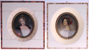 Zwei Miniaturbilder Öl/Elfenbein. Ovale Formen. Porträt d. Caroline Gräfin v. Holnstein./ Porträt d.