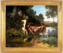 Unbekannt (Deutscher? Maler, 19. Jh.) Öl/Sperrholz. Uferlandschaft mit Rindern u. Kinderpaar unter