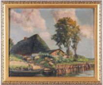 Schrag, Julius (1864 Nürnberg - 1948 München) Öl/Holz. "Fischerhaus am Kanal", Impression aus