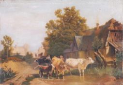 Unbekannt (Deutscher? Maler, 19. Jh.) Öl/Lwd. Dorfstraße mit Vieh an einer Wasserstelle. L. u. nicht