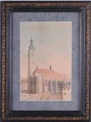 Unbekannt (Deutscher Maler, 19. Jh.) Aquarell/Papier. Blick auf gotische Stadtkirche. 19,3 x 12,5
