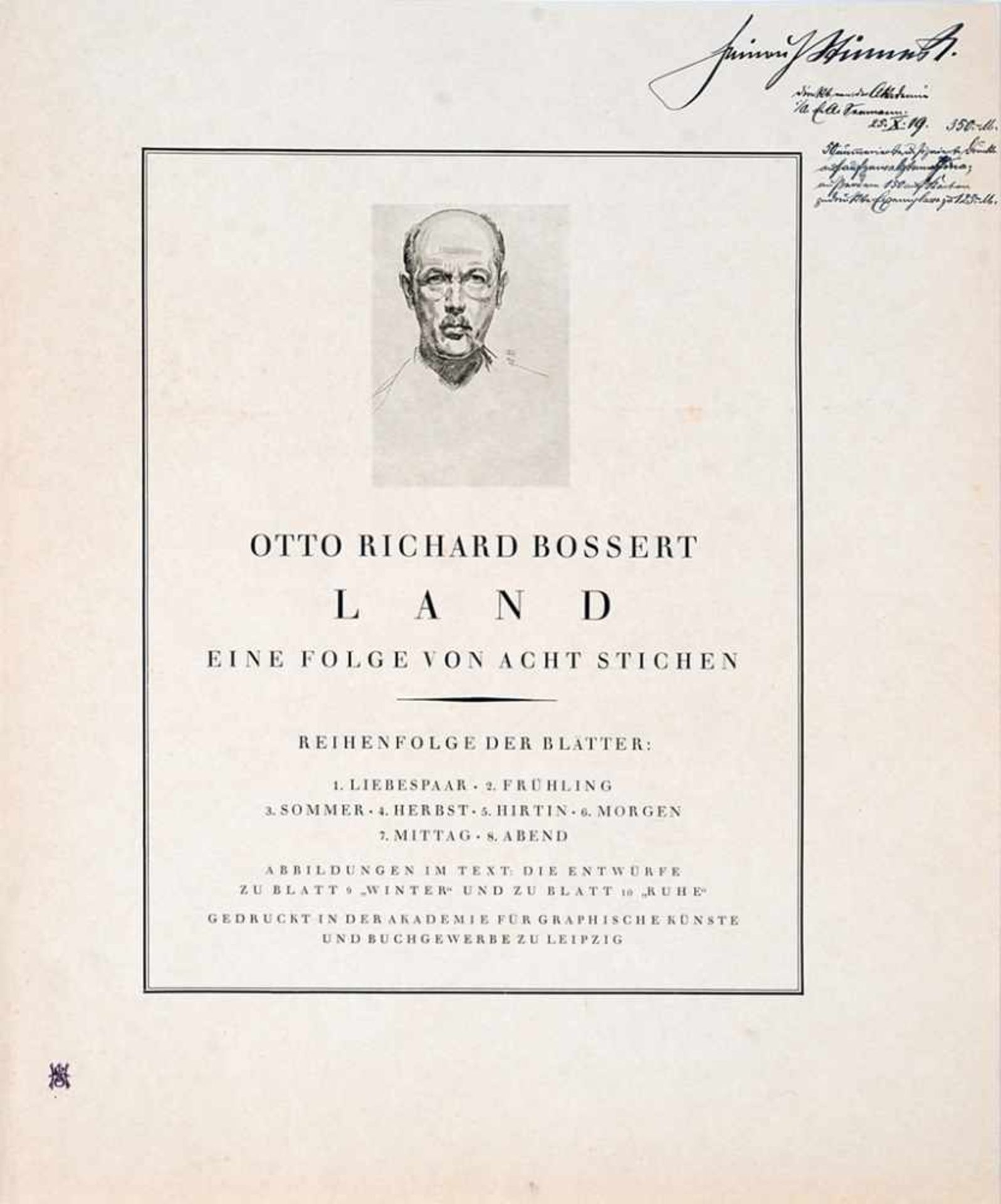 Bossert, Otto Richard (1874 Heidelberg - 1919 Leipzig) Radierung. 8 Bl. Mappe "Land". Enthält die - Image 2 of 2