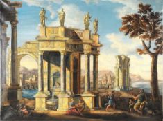 Unbekannt (Wohl deutscher Maler, 19. Jh.) Öl/Lwd. Italienische Küstenlandschaft mit antiken Ruinen