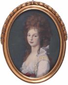 Unbekannt (Deutscher Maler, um 1800) Mischtechnik/Papier. Ovale Form. Porträt einer jungen Frau.