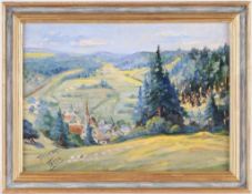 Monogrammist T.M. (Deutscher Maler, 1. H. 20. Jh.) Öl/Holz. Landschaft mit bewaldeten Hügeln u.
