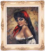 Pré, Willi de (Düsseldorfer Maler, 1922 - 1996) Öl/Lwd. Porträt einer jungen Frau mit rotem Tuch