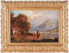 Unbekannt (Deutscher Maler, 19. Jh.) Öl/Lwd. Alpenlandschaft mit Gebirgssee, im Vordergrund