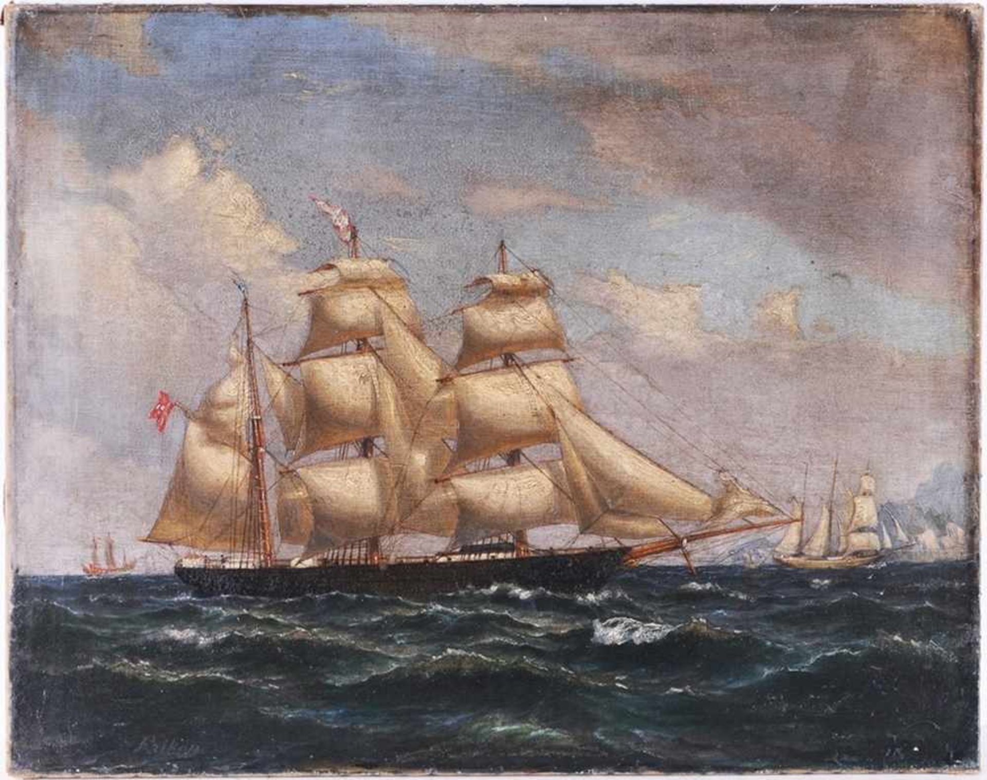 Falkon (Deutscher? Maler, 19. Jh.) Öl/Lwd. Marinebild. Segelschiff, Dreimaster, auf See, flankiert