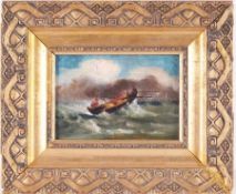Unbekannt (Deutscher Maler, 19. Jh.) Öl/Holz. Seeleute in Beiboot auf hoher See. 12,5 x 17,5 cm.