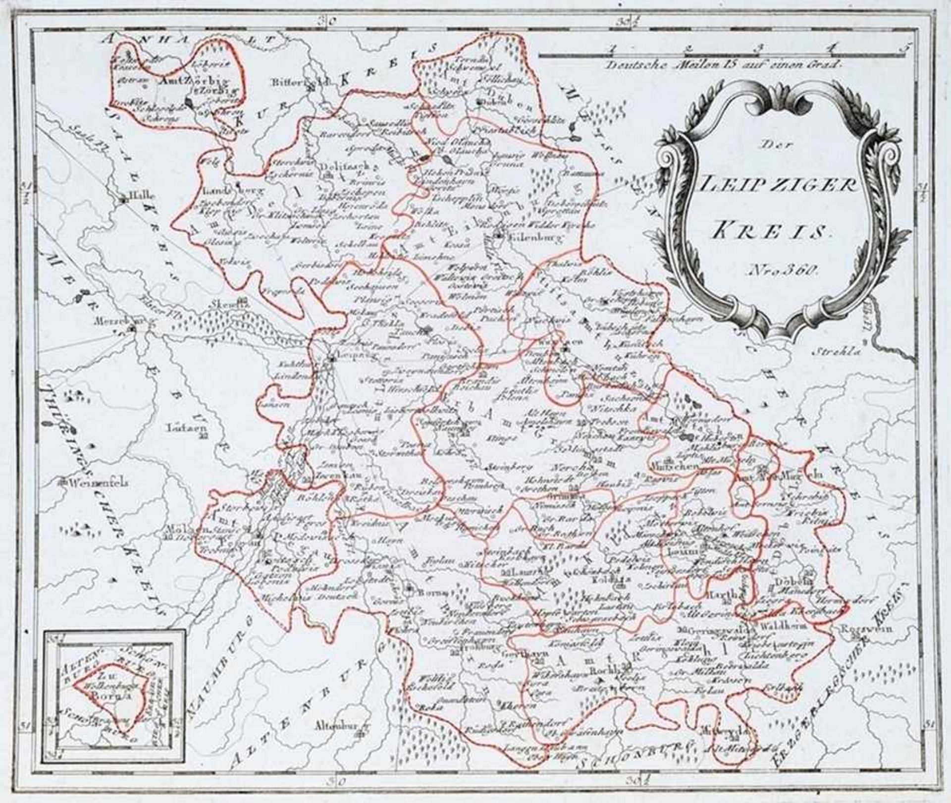 Karte "Der Leipziger Kreis" Grenz-/Altkolorierter Kupferstich. Umgebungskarte mit den Ämtern Zörbig,