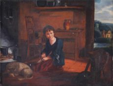 Unbekannt (Deutscher Maler, 1. H. 19. Jh.) Öl/Eisenblech. Interieurbild, Küche mit Kind u. Hund an