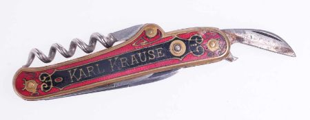 Taschenmesser "Karl Krause" mit Stanhope-Linse Stahl u. Messing, emailliert. Klappmechanik mit