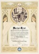 Meister-Brief des Fleischerhandwerks Farblithographie. Aufwändig in den Formen d. Jugendstils