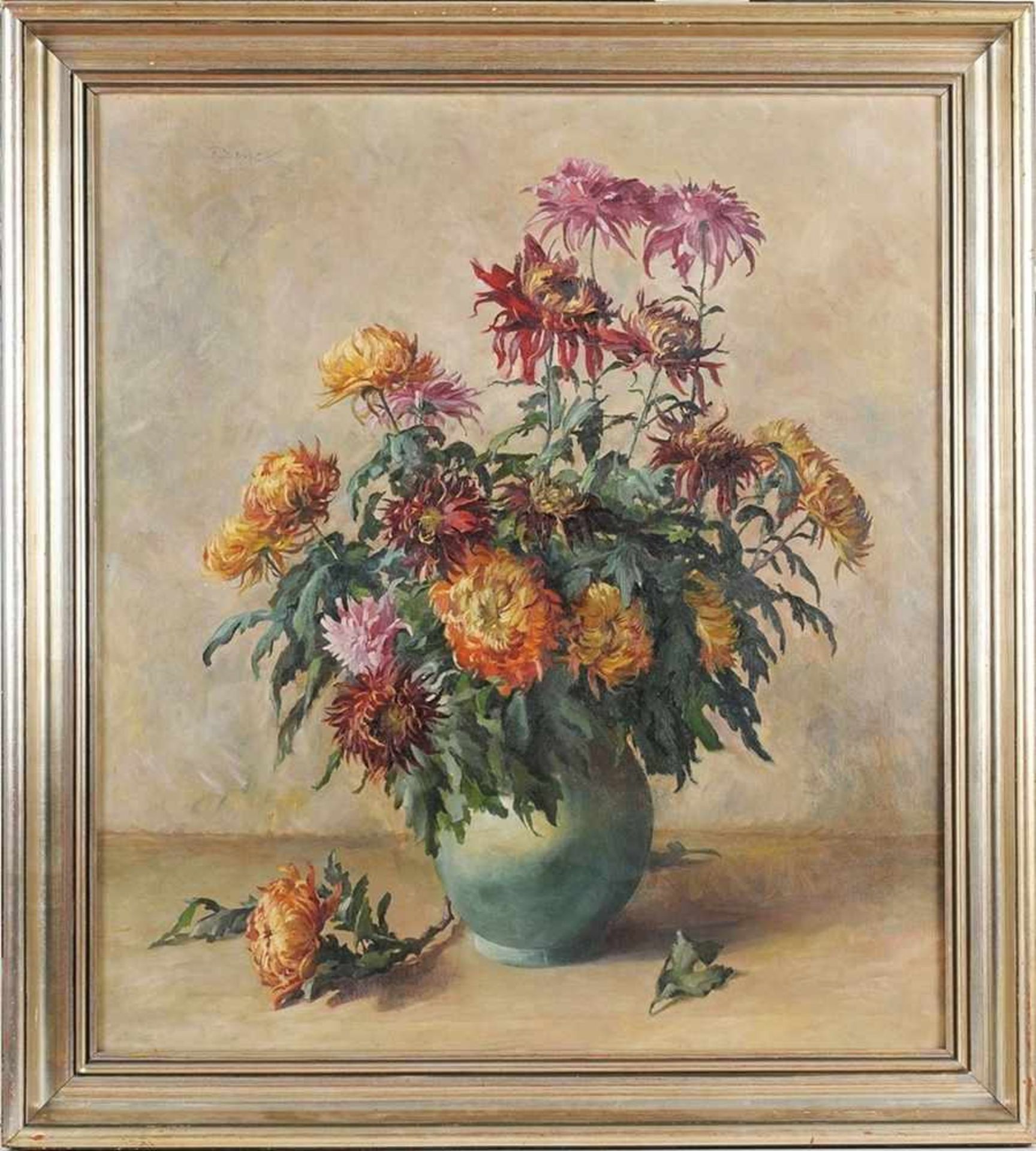 Unbekannt (Deutscher Maler, 2. D. 20. Jh.) Öl/Lwd. Stillleben mit Chrysanthemen. 90 x 80 cm. Rahmen.