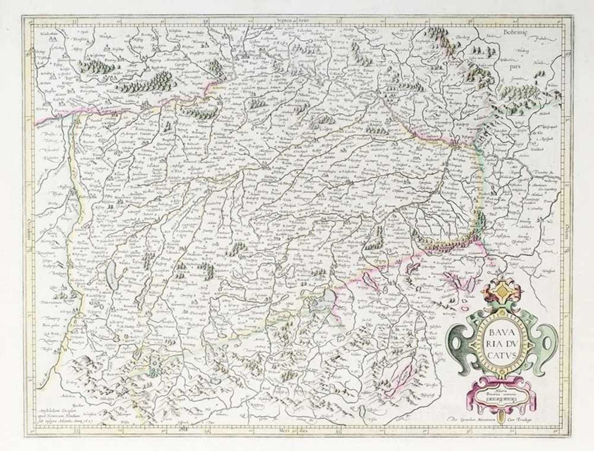 Karte "Bavaria Ducatus" Altkolorierter Kupferstich. Historische Karte des Herzogtums Bayern. R. u.