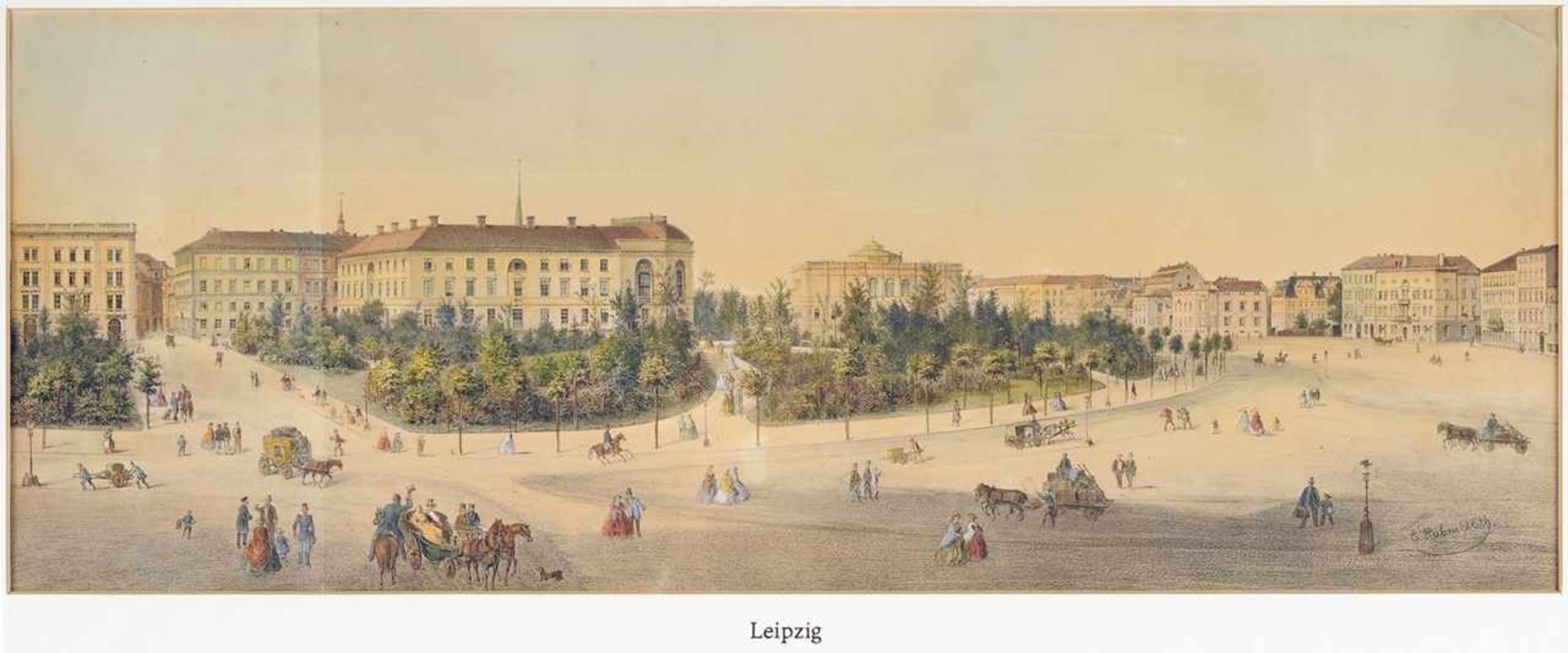 Ansicht Leipzig Farblithographie. Der Leipziger Promenadenring mit Blick vom Roßplatz auf den - Bild 2 aus 2