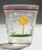 Becherglas Farbloses Glas, l. mattiert mit Fluorätze. Formgeblasen, Abriss. Gedrückter konischer
